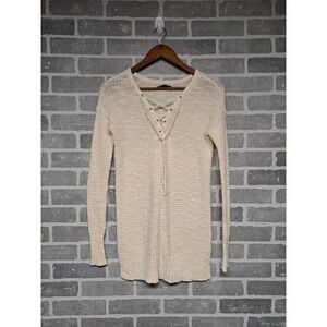 American Eagle outfitters Womens Waffle Knit V-Neck Lace-Up‎ Beige Sweater XS